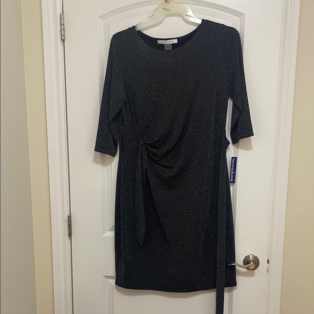 Peter Nygard Black and Silver Elbow-Sleeve Dress